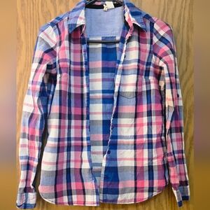 Cute Ladies Pink, White And Blue Plaid Button Up Shirt. Size Small.